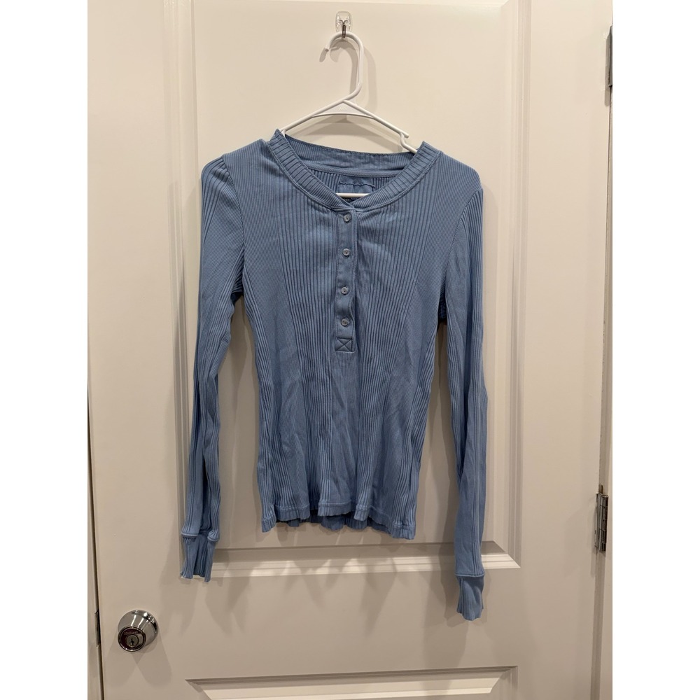 Aerie Women Blue Ribbed Henley Long Sleeve Top Size Medium Slim Fit Loungewear